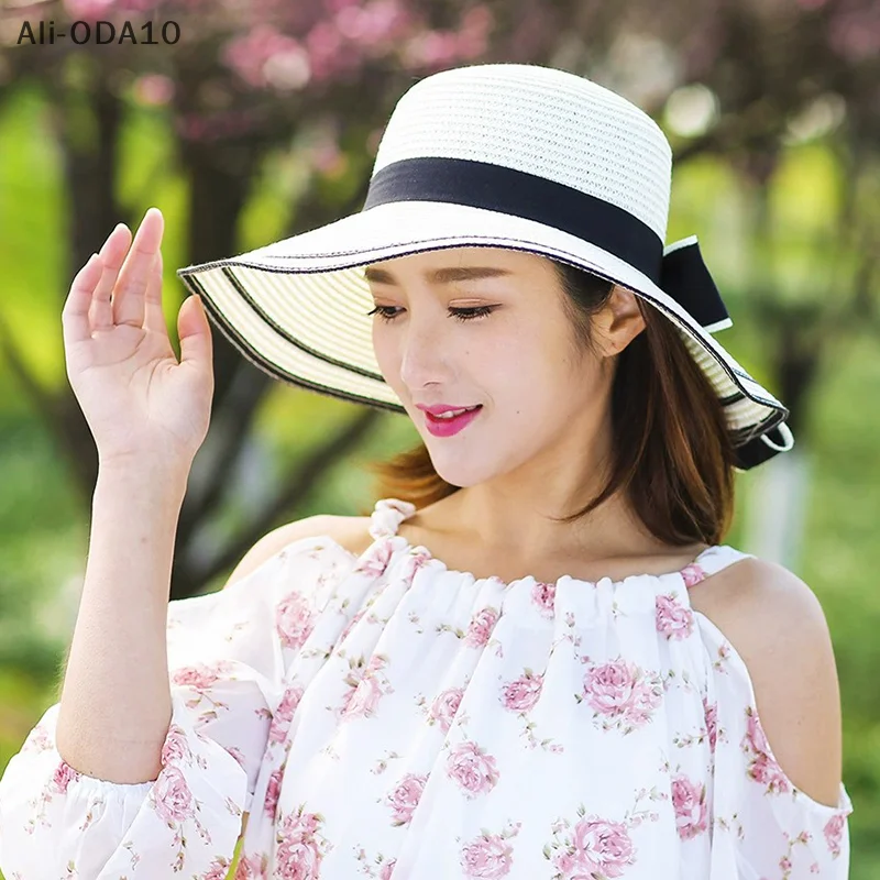 (ODA10)Summer Beach Bow Straw Hat For Women Large Brim Sun Protection Hat Fashion Vacation Sunshade Visors