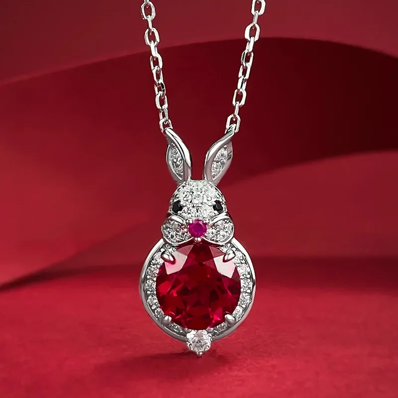 

Spring Qiaoer 100% 925 Sterling Silver Round Cut 8MM Ruby Gemstone Rabbit Pendant Necklace for Women Fine Jewelry Gift
