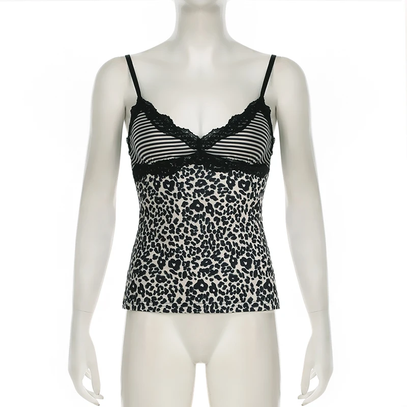 SUCHCUTE Leopard Print Slim Sexy Camisole Y2K Vintage 2000s Lace Patchwork V Neck Spaghetti Strap Tank Top Women Summer Vest New