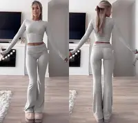 Casual Workout Two Piece Outfits Long Sleeve High Waist Fold-over Flare Flared Leggings Pants Tracksuit Sets Streetwear - Image 3