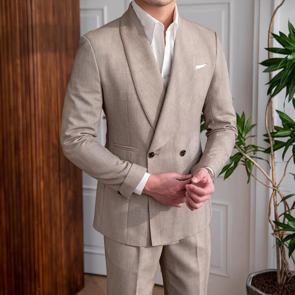 Summer New Men Suit Khaki Shawl Lapel Linen Male Suits Party Evening Dinner Formal Fashion Gentleman 2 Piece Blazer Pants