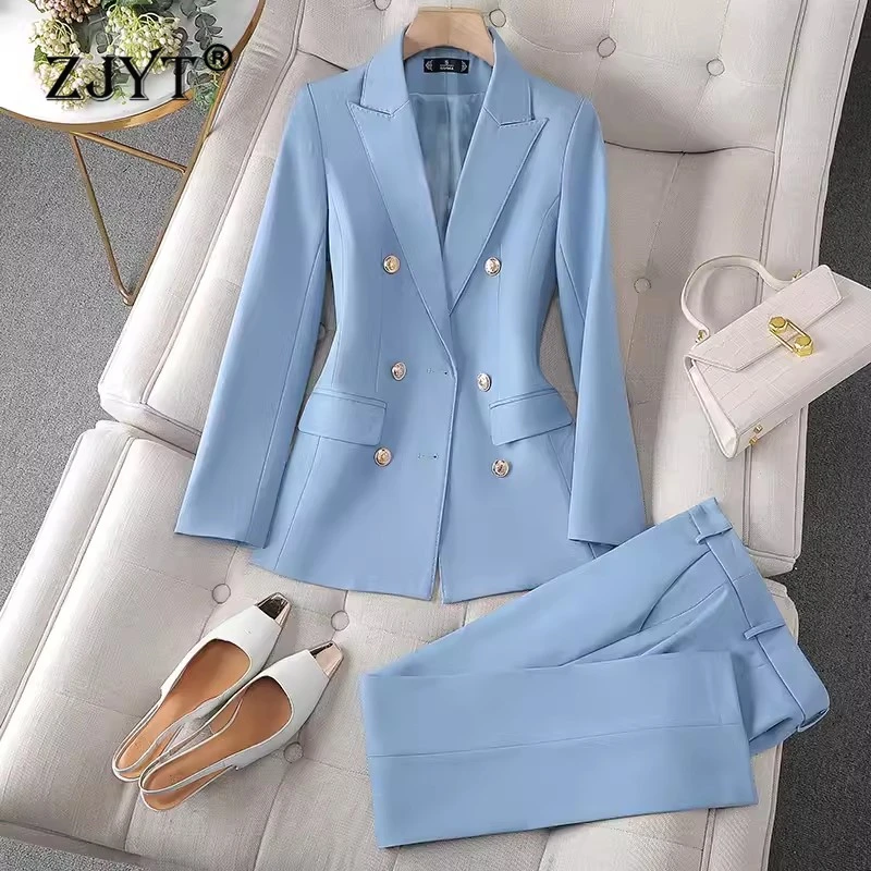 

ZJYT Business Chic Office Blazer Suits Pant Sets 2 Piece Womens Outfits Elegant Spring Plus Size Double Breasted Jacket Trousers