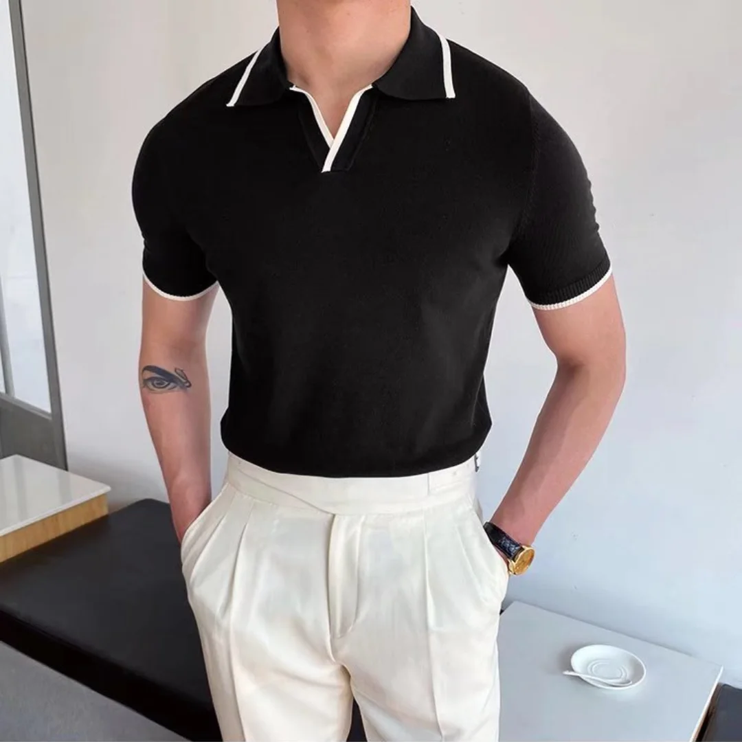 Casual Lapel Polo Shirt Men's Business All-match Slim-fit Micro-elastic T-shirt Summer Breathable Knitted Short-sleeved Shirt