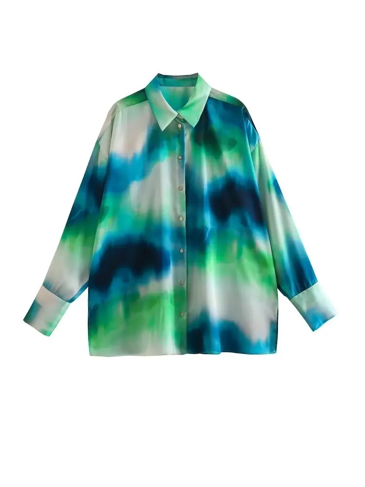 

MESTTRAF Women 2023 Fashion Tie-dye Print Shirts Vintage Long Sleeve Front Button Female Blouses Blusas Chic Tops