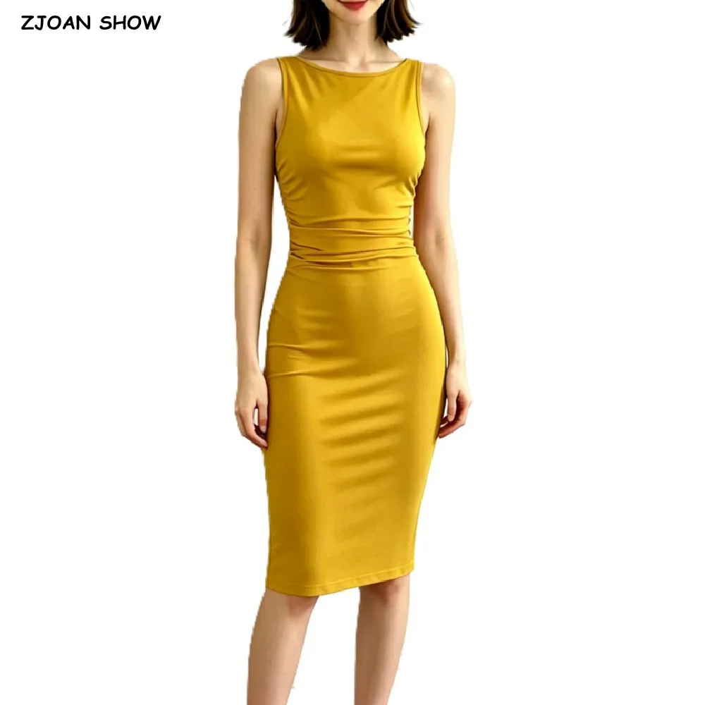 7 colors 2026 Women Sexy Slash Collar Package Hips Sleeveless Dress Slim Ruched Fold Waist Knee Length Dresses Summer Robe