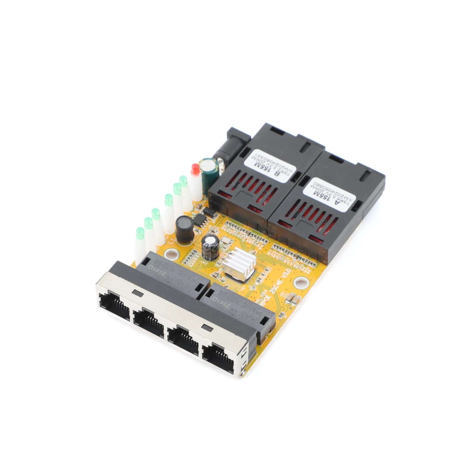 PCBA Board Fiber Optic Media Converter 100M 4 RJ45 to 2 SC A+B Optic Connector 1310nm/1550nm Ports 20KM Ethernet Switch Yellow