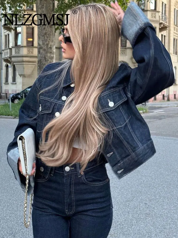 TRAF 2023 Autumn Women Fashion Loose Short Denim Jacket + Draped Wide-leg Jean 2 Piece Set Suit 2