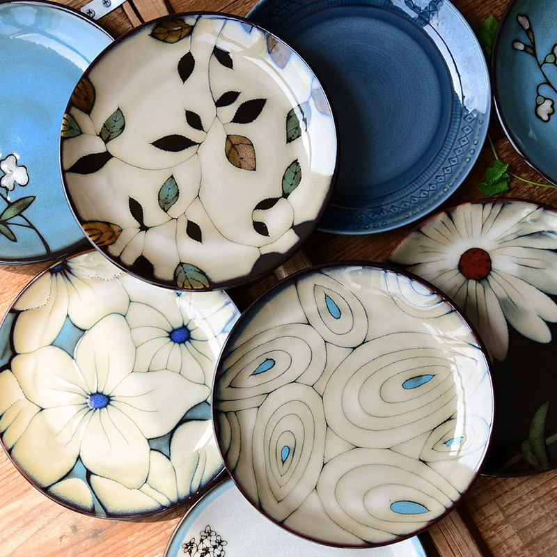 8 inch Vintage Handpainted Floral Plates Underglaze Ceramic Round Serving Dinner Plate Dish Retro Home Decor Kitchen Dinnerware