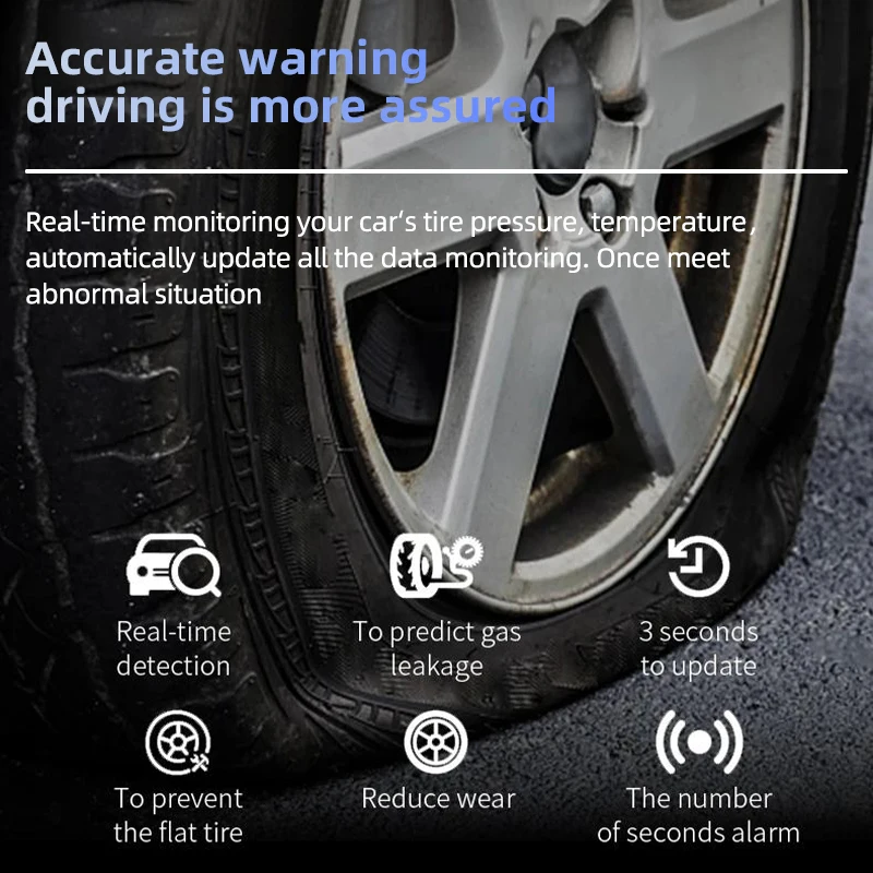 Car Tire Pressure Monitor Car Tire Pressure Sensor Solar TPMS 6 External Sensors Tire Pressure And Temperature Display Security Alarm Support Cars RVs Pickups Maximum 8Bar