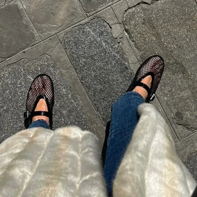 Women Sandals Black Sandals Women Flats Mesh Summer Fashion Shallow Shoes Beach Dress Designer Trend Shoes Outdoor Walking Female