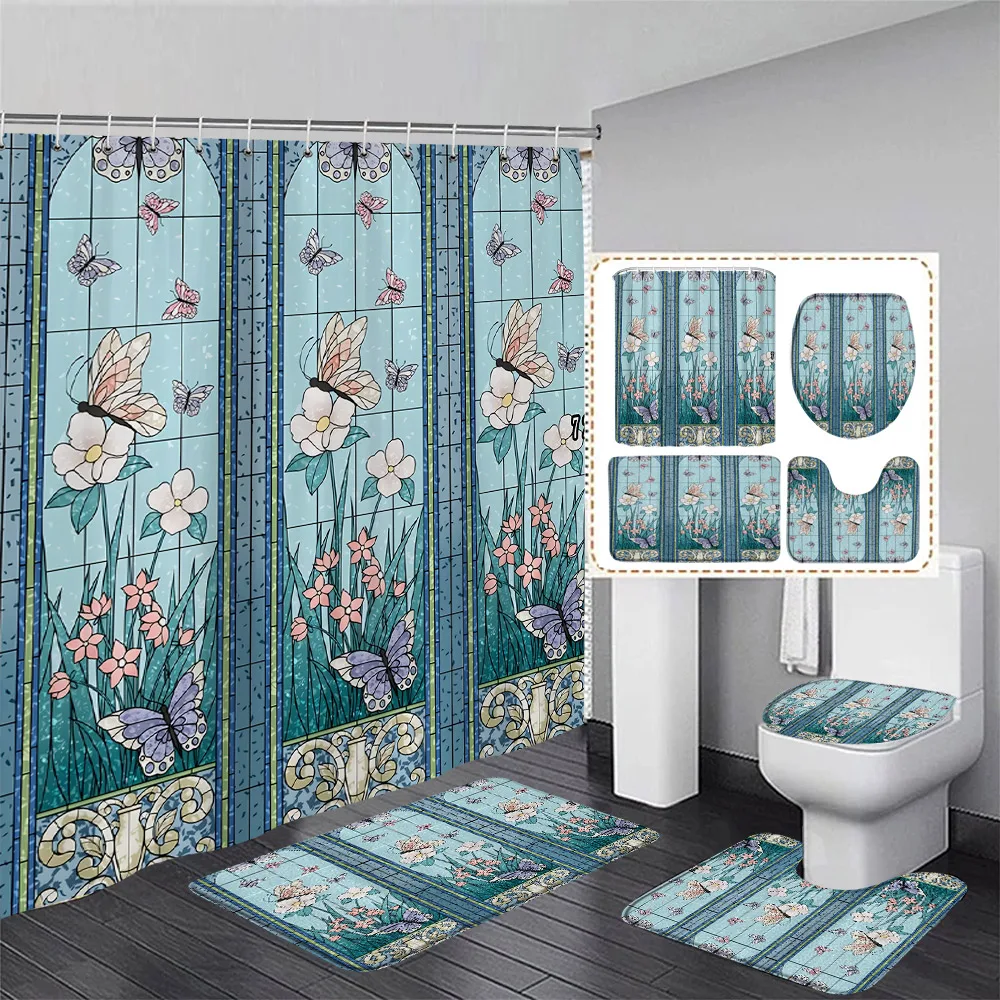 

Garden Floral Shower Curtain Set Butterfly Flowers Plants Creative Blue Bath Curtains Home Bathroom Decor Bath Mats Toilet Cover
