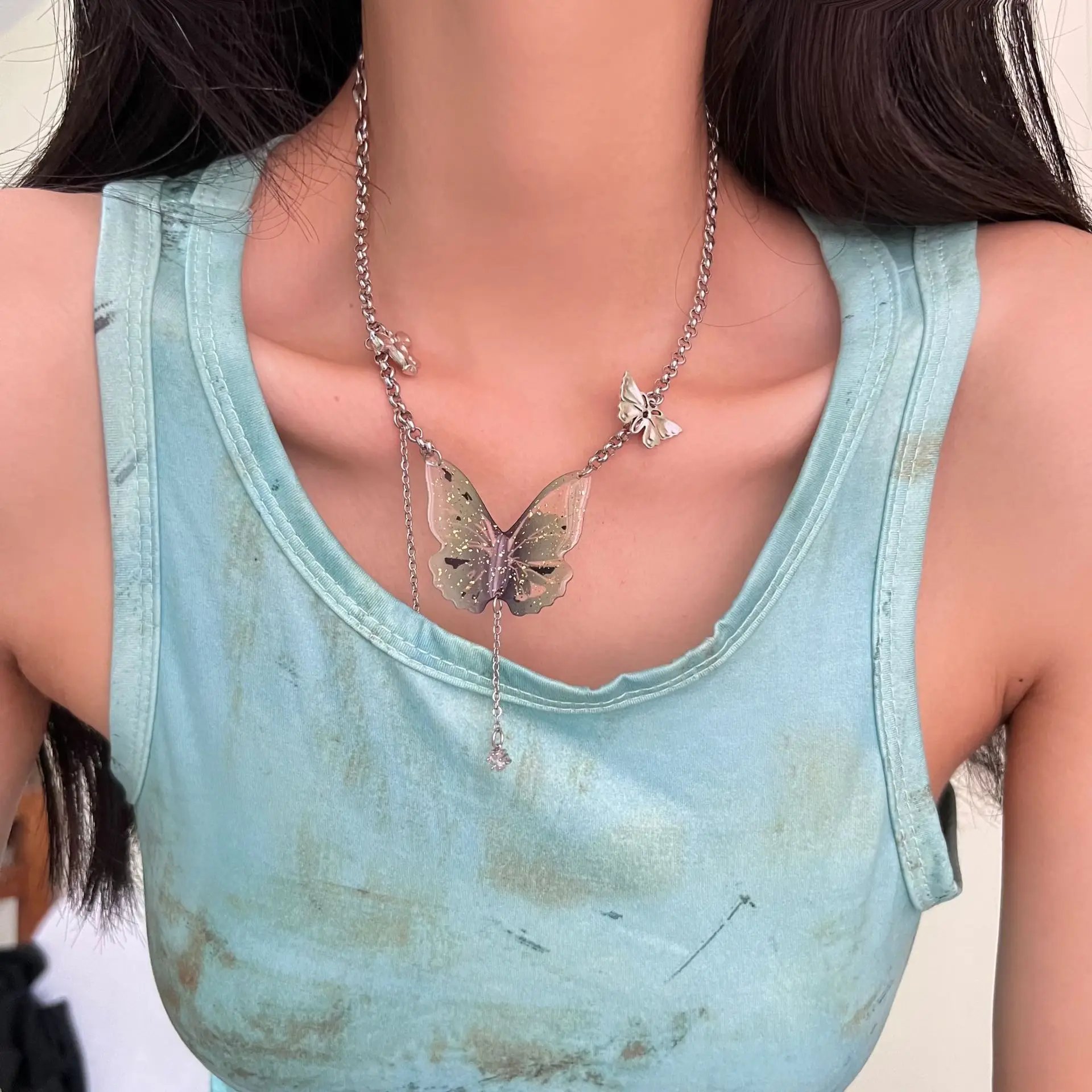 Y2K Butterfly Pendant Necklace Sweet Cool Goth Crystal TasselChain Choker for Women Punk Fashion Jewelry Gift Accessory 2024 Hot