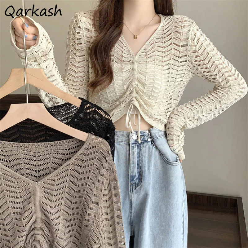 

Pullovers Women Summer Sun Protection Breathable Knitted Cropped All-match Soft Hollow Out Sexy Girl Stylish Korean Streetwear