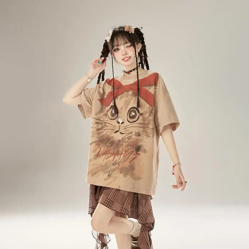 

National trend Korean style sweet and cool fun khaki kitten bow print loose American T-shirt couple short-sleeved summer y2k top