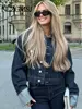 TRAF 2023 Autumn Women Fashion Loose Short Denim Jacket + Draped Wide-leg Jean 2 Piece Set Suit 1