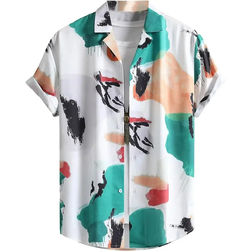 Camisa hawaiana con estampados irregulares coloridos para hombre, blusa de solapa de manga corta con estampado 3D de hojas de árbol, camisas hawaianas de calle de verano