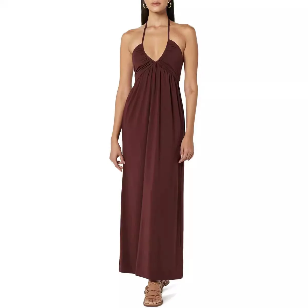 Xmzty | European-American Deep V-Neck Strappy Pleated Maxi Dress for Women
