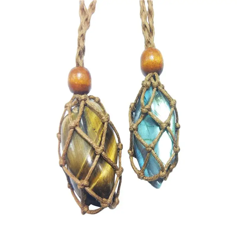 Adjustable Braided Necklace Cord DIY Wax Rope Empty Stone Holder Natural Quartz Crystal Raw Jewelry Making Net Bag Pendant 1pc