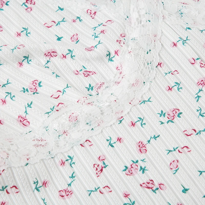 Mono de hada dulce y suave para mujer, con estampado floral, ribete de encaje, escote en V, manga larga, estilo coreano, moderno, bonito