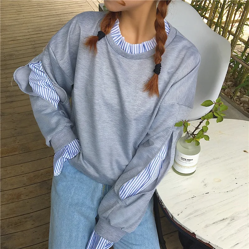 Fake Two-piece Long-sleeved Sweatshirts Women Striped Patchwork O-neck Korean Style Fashion Casual Daily Basic Pullover Female
