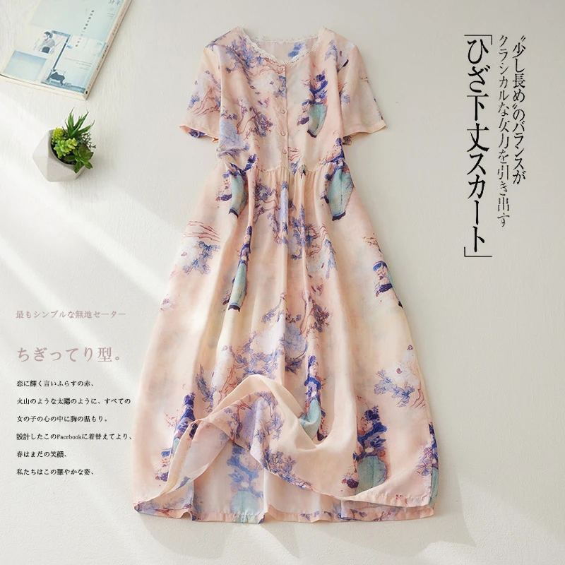 

2022 New Arrival V-neck Thin Light Soft Cotton Linen Loose Cozy Women Casual Summer Dress Print Floral Office Lady Work Dress