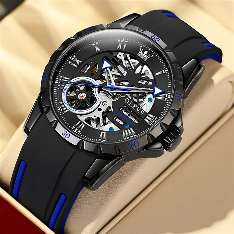 

Спортивные автоматические мужские часы OLEVS с резиновым ремешком, водонепроницаемые механические наручные часы-скелетоны для мужчин, мужские часы