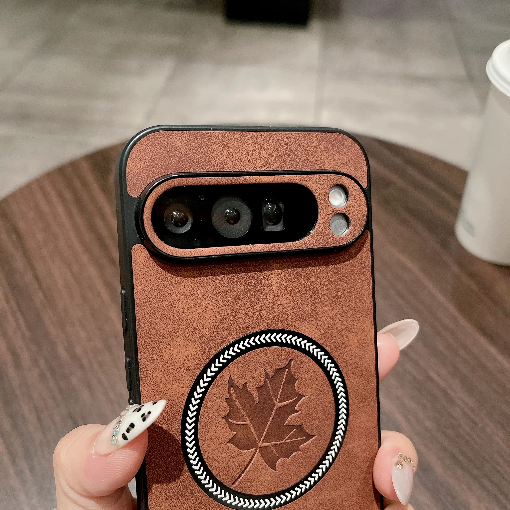 Luxury Leather Maple Leaf Phone Case with Magnetic Wireless Charging Capability