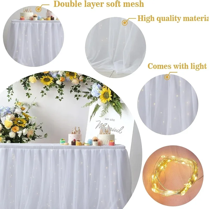Sheer Table Skirt 3-Ply with LED Lights Gold Edge Wedding Party Cake Table Decoration