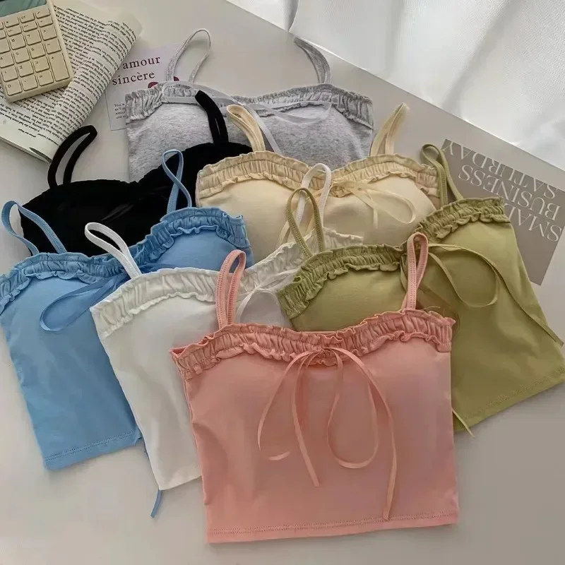 여성용 민소매 코르셋 튜브톱, 여성 란제리 홀터, 얇은 스트랩 캐미솔, 화이트 상의, 섹시한 활 탱크톱, 여름