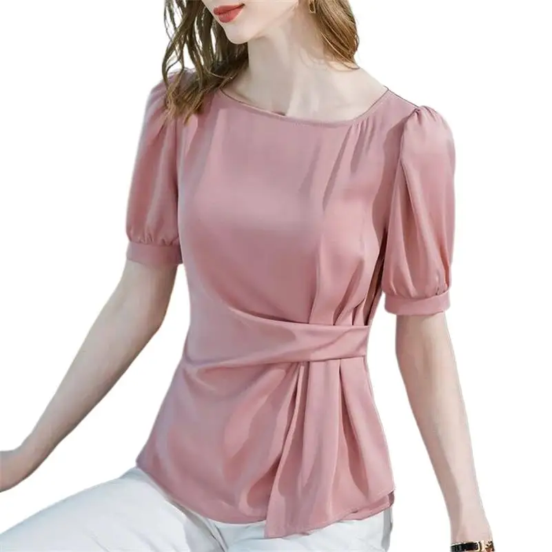 

Square Collar Lantern Sleeve Sweet Tops Women Summer Satin Blouse Short Sleeve Solid Color Elegant Tops Tees New Design T-shirts