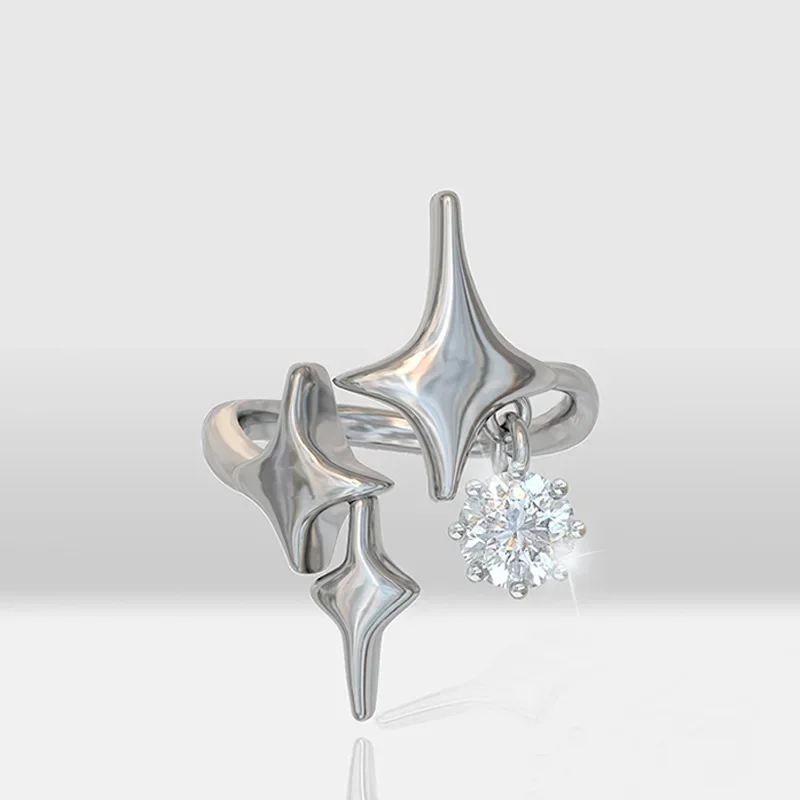 New Punk Silver Color Four Pointed Star Ring Shiny Zircon Pendant Stars Adjustable Size Ring For Women Bride Wedding Jewelry