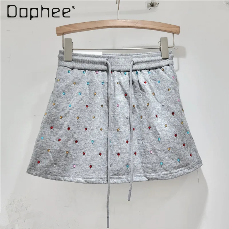 Sports Woman Hot Rhinestone Gray Short Skirt 2024 New Women's Casual Lining Thin Exercise Elastic Waist Anti-Exposure Hip Skirts seaside nightclub waist belt shinning rhinestone belts for woman men full diamond studded waist strap for jeans dress