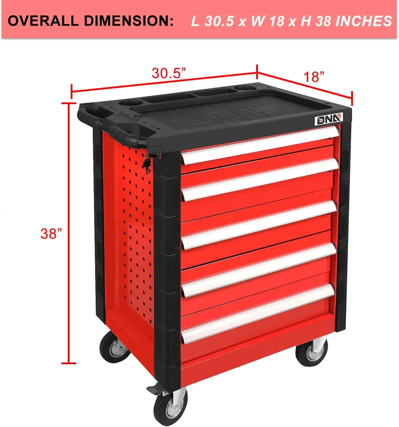 30.5" L X 18" W X 38" H 5-Drawer Lockable Slide Tool Chest Rolling Tool Cart Cabinet (TOOLS-00001)with Keys  Red Upgrade Package 4
