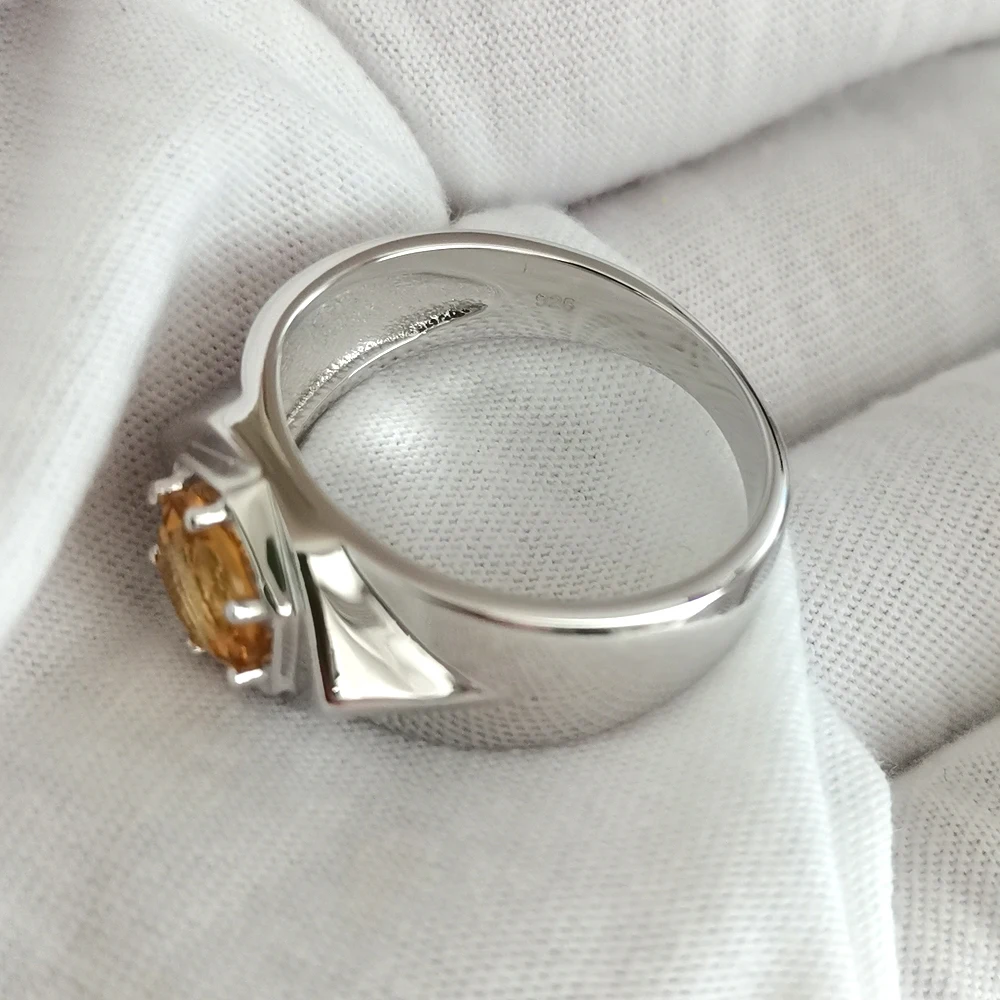 Natural Yellow Citrine Men Ring 925 Silver 7.5mm Lucky Gemstone 6-prong November Birthstone Birthday Gift R515GCN 4