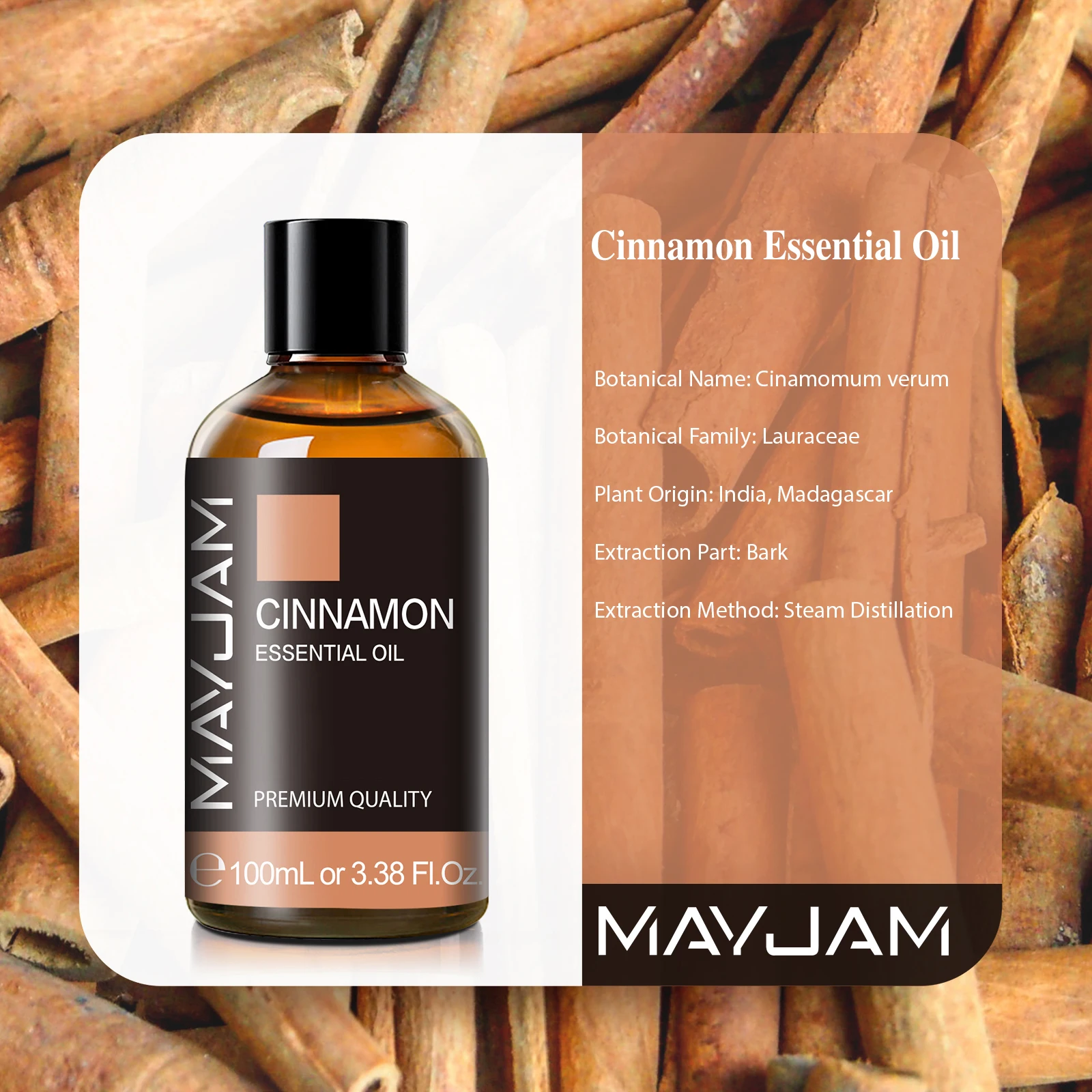 Pure Cinnamon Essential Oil - 100ml for Aromatic Diffusers, Scented Candles & Handmade Soaps