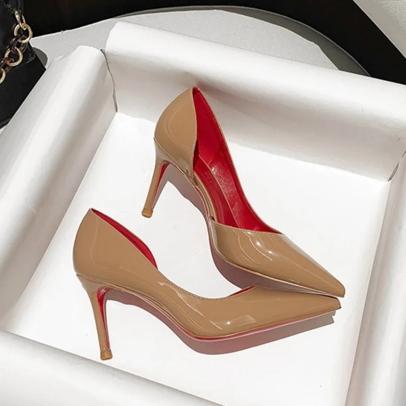High Heeled Shoes with Side Air, Red Sole, Black Women's Shoes, Sexy Slim Heels, Pointed Toe, Patent Leather, Shallow Cut Heels