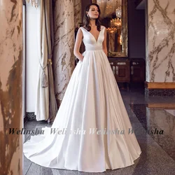 Weilinsha Satin Wedding Dress Robe De Mariage Elegant V Neck Sleeveless Beading Belt Sweep Train A Line Corset Bridal Gown