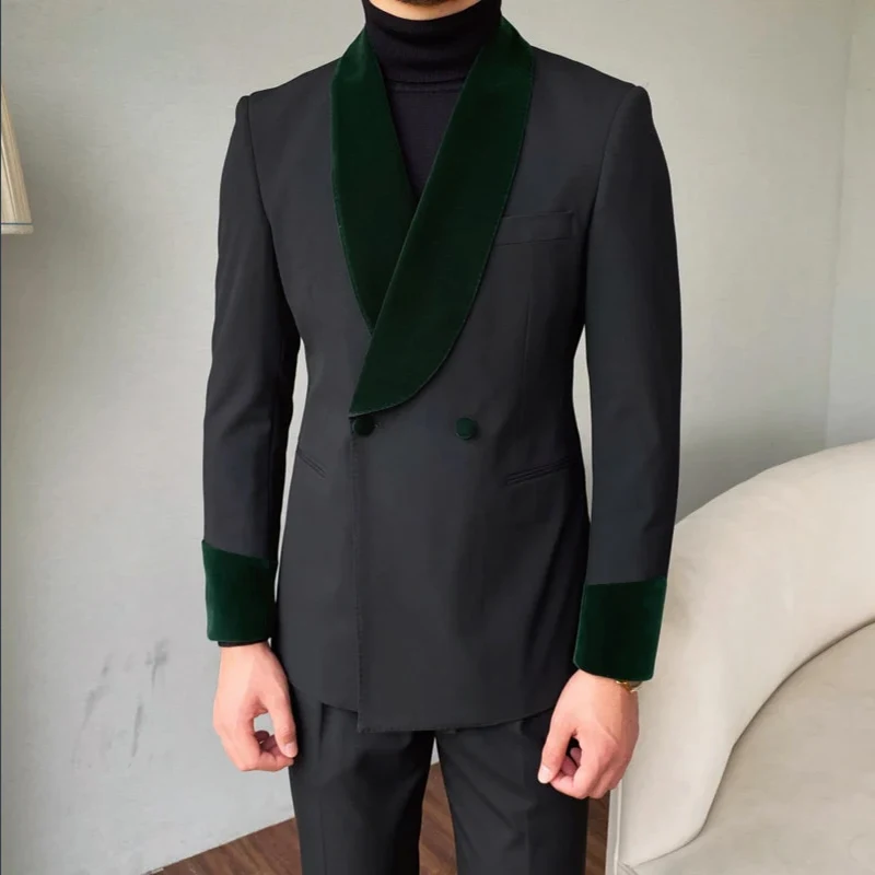 

New suit annual meeting host suit jacket velvet splicing blue collar evening dress Groom Banquet Velvet Collar Slim Suit Coat