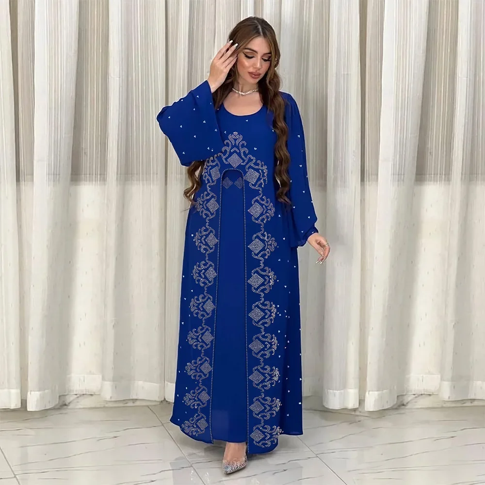 Eid Jalabiya Muslim Abaya Sequins Party Dress for Women Arab Fake Piece Set Dress Robe Woman Elegant Ramadan Vestidos Abayas