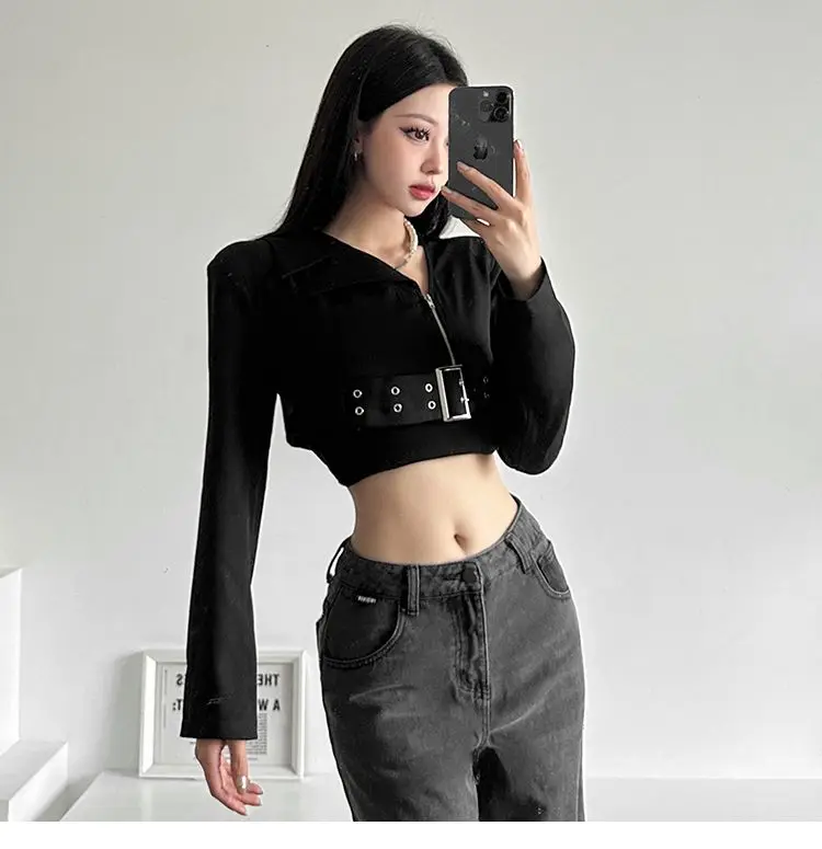 Short Jacket Belt Zipper Black Mysterious Fashion Personality All-Match Cool High Street Confident Indifference Women'S Autumn