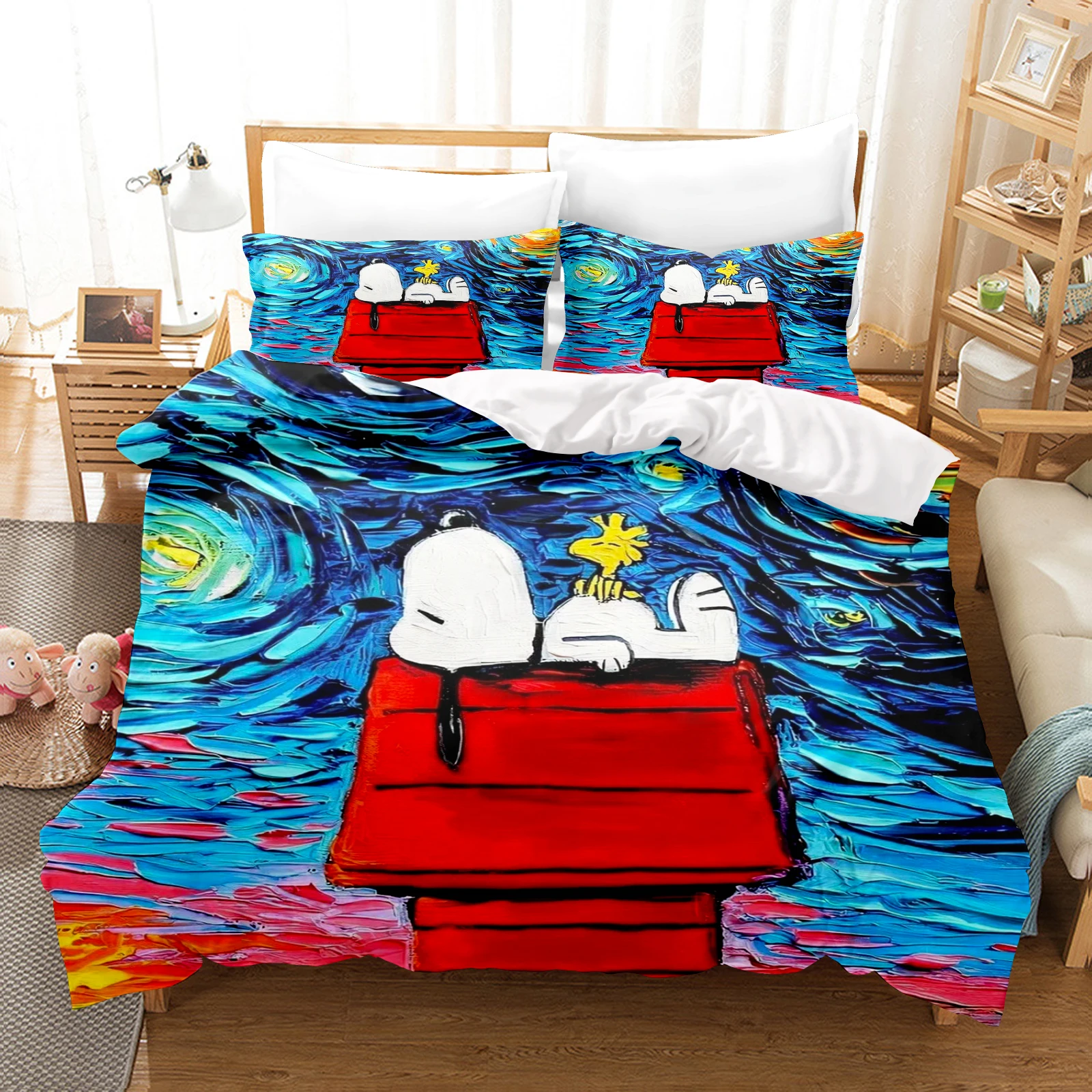 Parure De Lit Snoopy Avec Housse De Couette Et Taies D'oreiller En Microfibre Douce Avec Fermeture éclair Et Motif Personnages Animés 3D Pour Enfants Et Adultes (135 X 200 Cm
