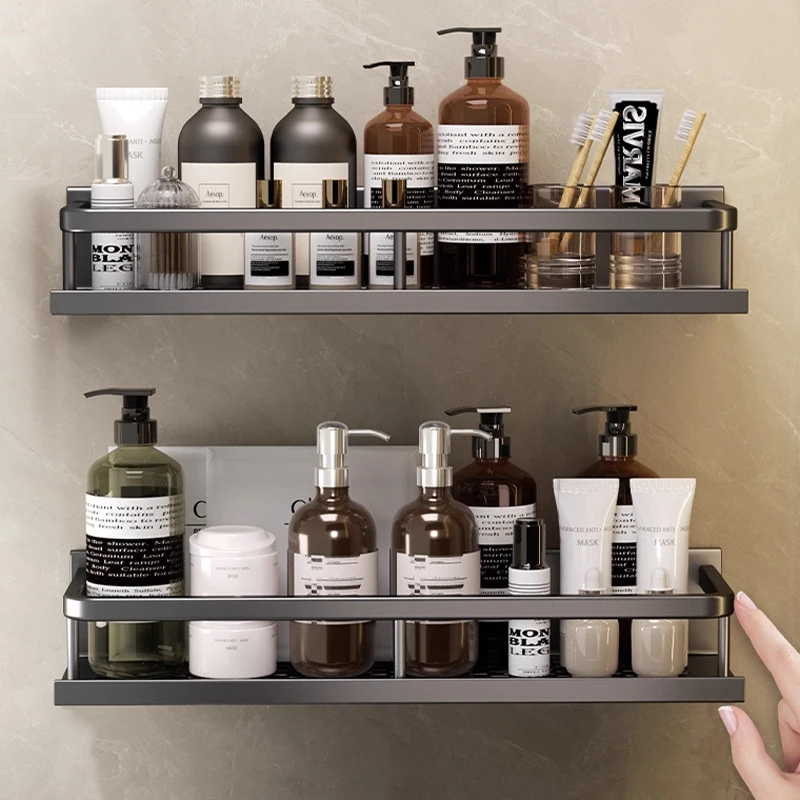 ชั้นวางของในห้องน้ำแบบติดผนัง อลูมิเนียมสีดำ ขนาด 30 ซม. ชุดตะกร้าเก็บของสำหรับห้องครัวและห้องน้ำ 1