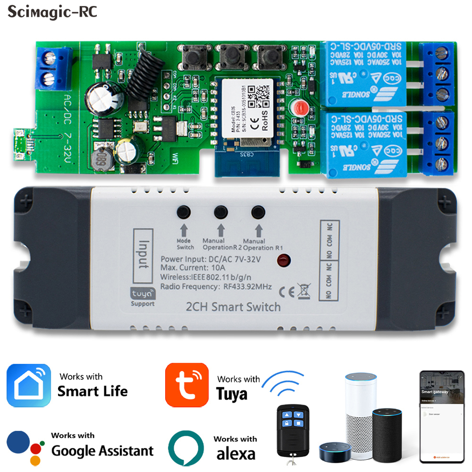 Alexa Smart Switch Tuya Smart Home 2 Channels Wifi Switch 220V 7-32V 85-250V 10A RF433 Remote 2CH Pulse Module Relay