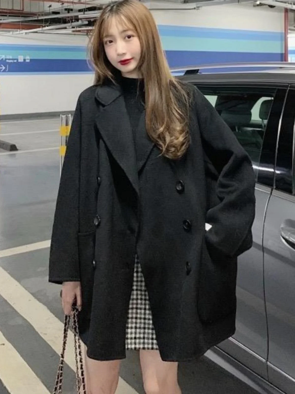 

UNXX Black Women Woolen Suit Jacket Autumn and Winter 2023 Double Breasted Elegant Loose Casual Office Lady Thick Suit Coat Top