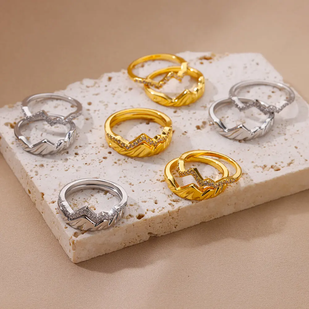 Zircon Geometric Mountain Peak Rings For Women Gold Color Stainless Steel Ring