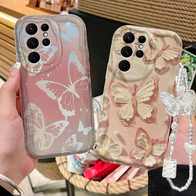 Elegant Butterfly Pattern Phone Case with Lanyard Attachment