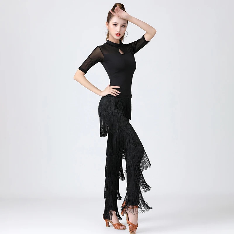 Frauen Latin Dance Pants Fransen Ballsaal Hosen Quaste Tango Salsa Hosen tanzen Praxis Performance Hosen – Detail 10