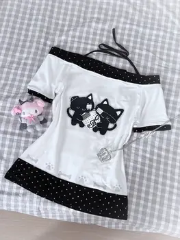 Trendy Cute Polka Dot ort Sve Waist Cinched Belted Fake Two-Piece Bow Tie One-oulder Top for Young Women Summer Wear 1