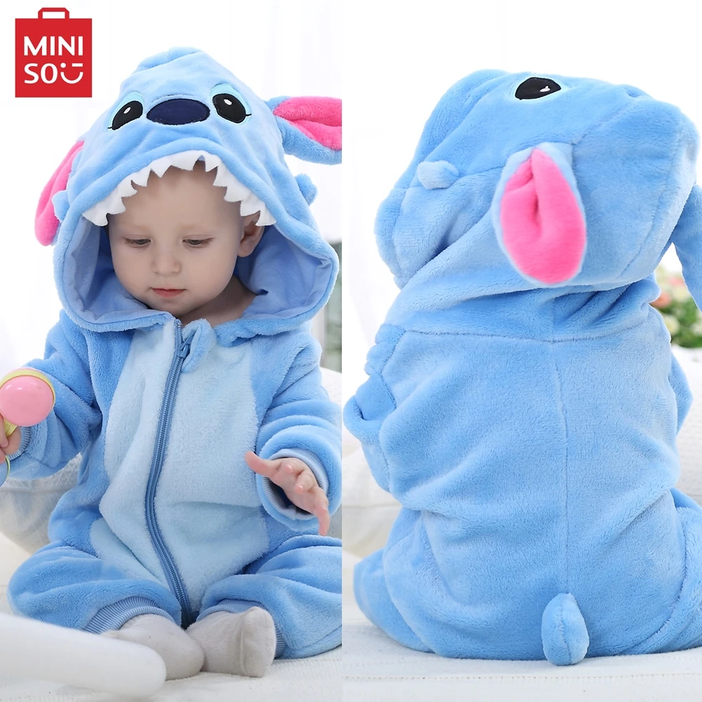 MINISO Baby Stitch Flannel Pajamas Boys Girls Animal Blanket Sleepers Children Hooded Jumpsuits Kids Onesies Newborn Pyjamas