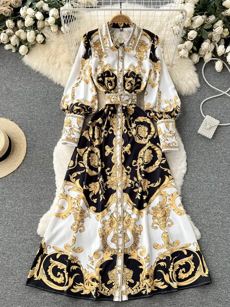 

2023 Fashion Runway Baroque Maxi Dress Women Long Lantern Sleeve Buttons Down Golden Flower Print Elegant Belt Party Vestidos